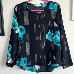 LARRY LEVINE BLACK FLORAL LONG SLEEVE BLOUSE SIZE S